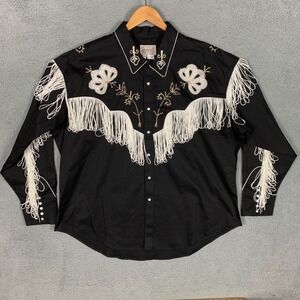 Rockmount Ranch Wear Western Shirt Men's 3XL Fringe Black Pearl Snap Rodeo VTG